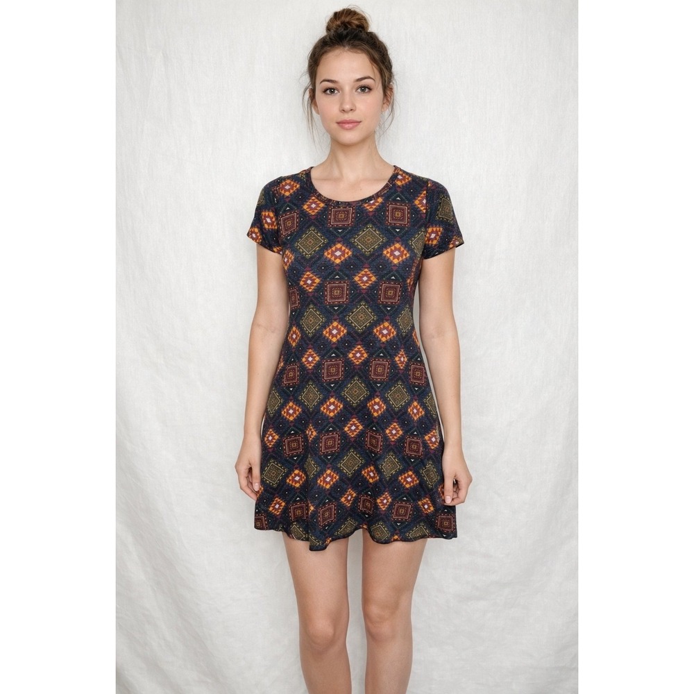 LuLaRoe Carly Dress XXS Navy Orange Geometric Diamond Print High Low Short Slv